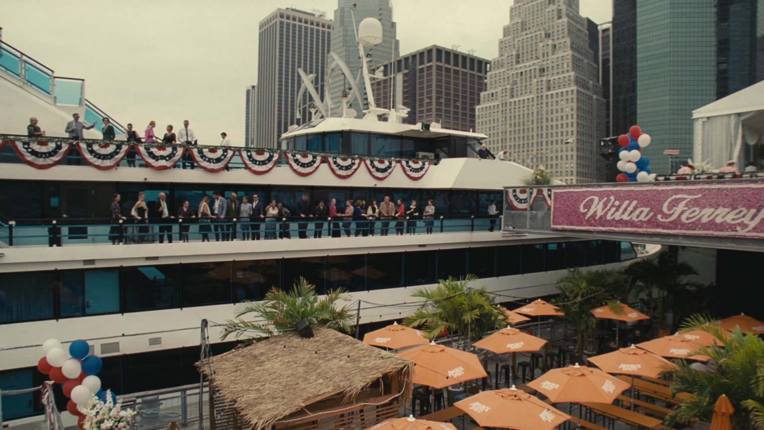 Aperol Spritz outdoor umbrellas displayed on a scene from Succession