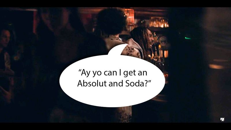 Character ordering and Absolut and Soda at a bar in the TV series Dave.